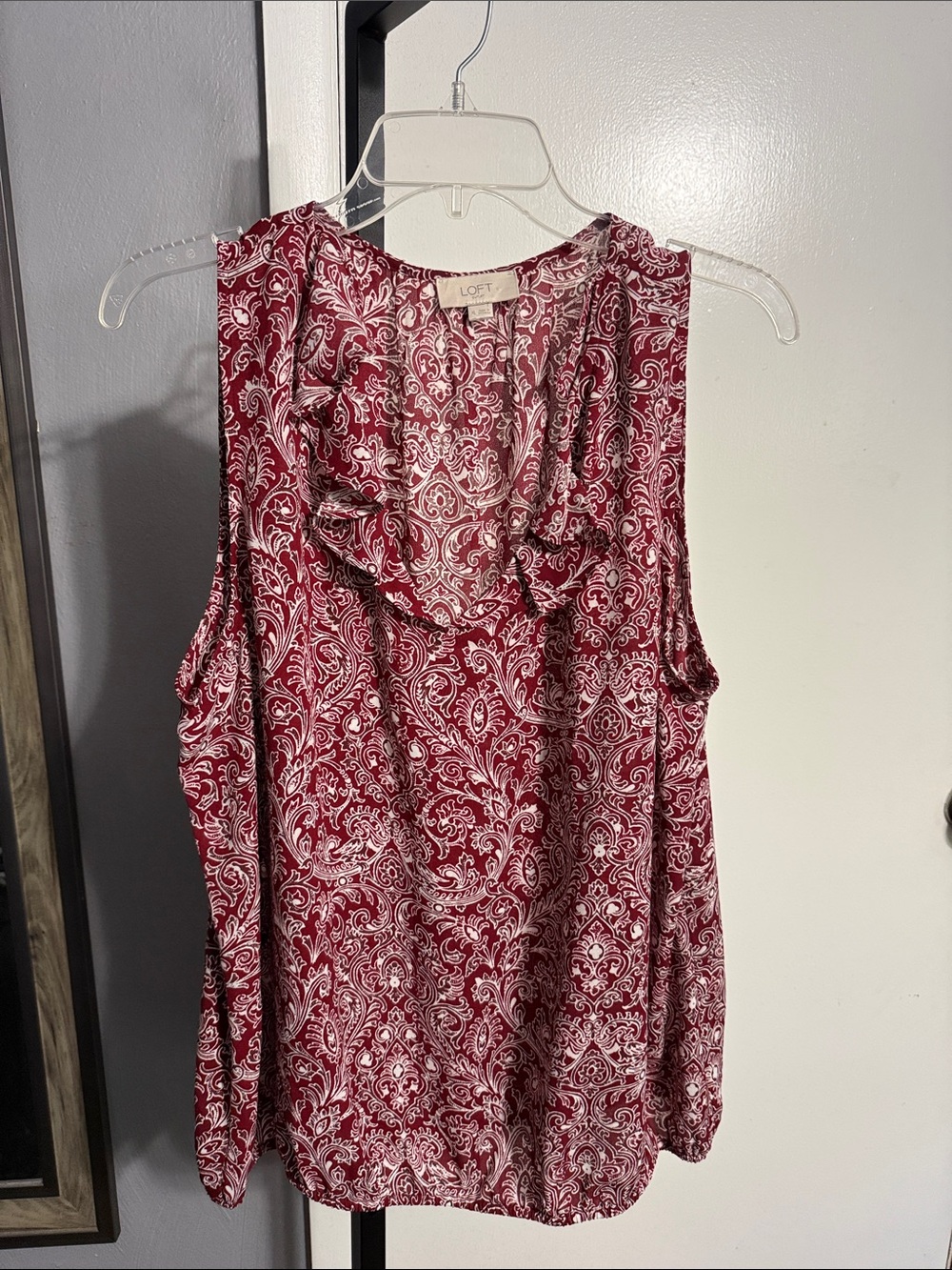 LOFT Burgundy Paisley Ruffle Shell Tank